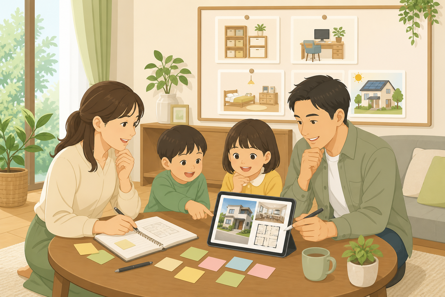 理想の暮らしを家族で話し合いながら情報収集するイメージ