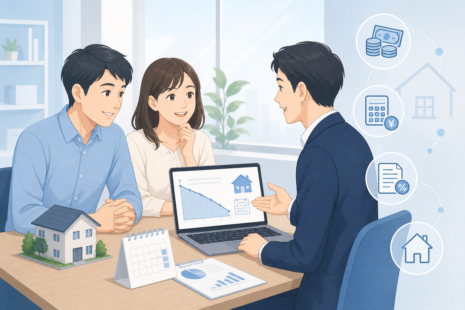 資金計画と住宅ローンの流れを相談しているイメージ