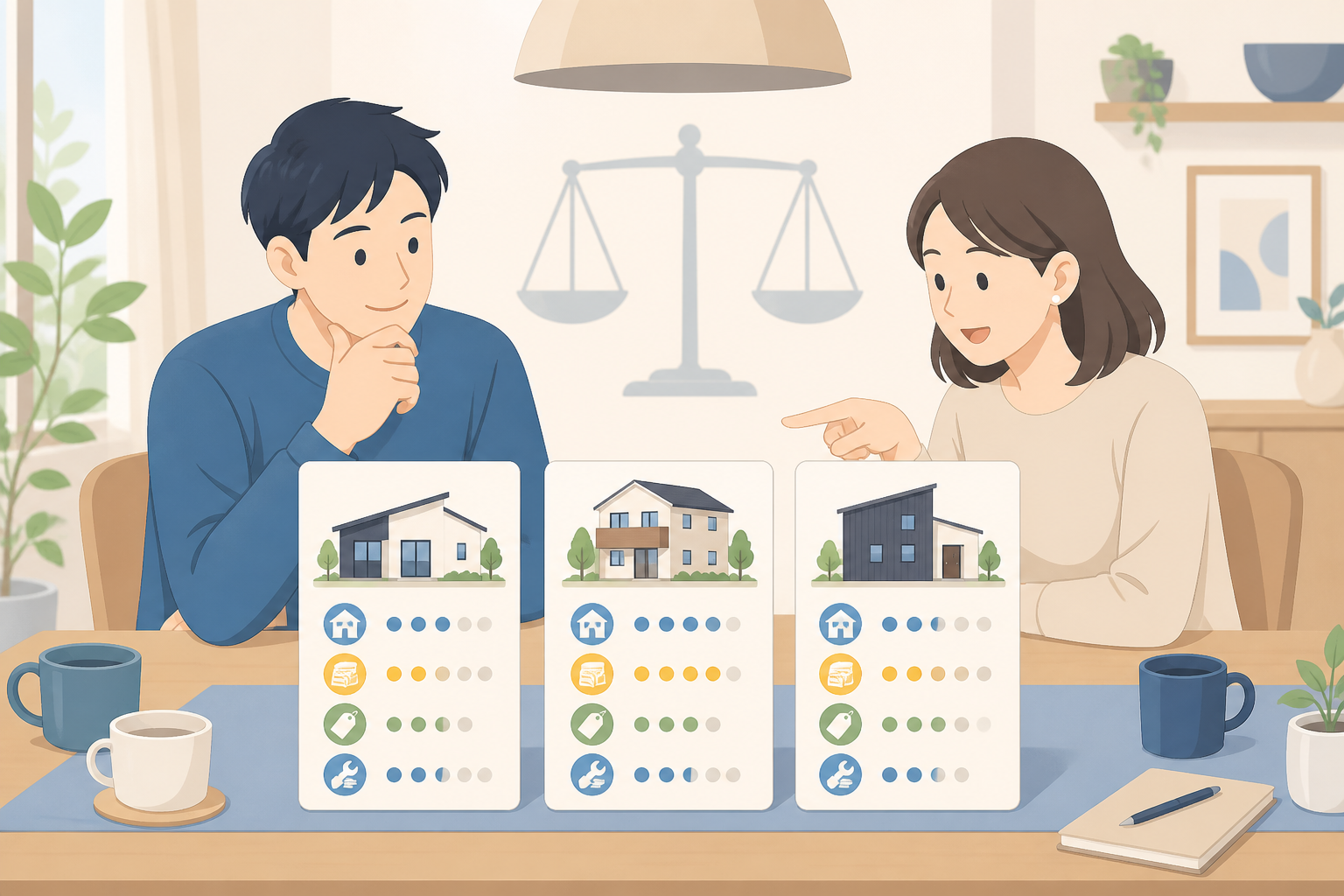 建築会社の性能・価格・相性を比較検討するイメージ