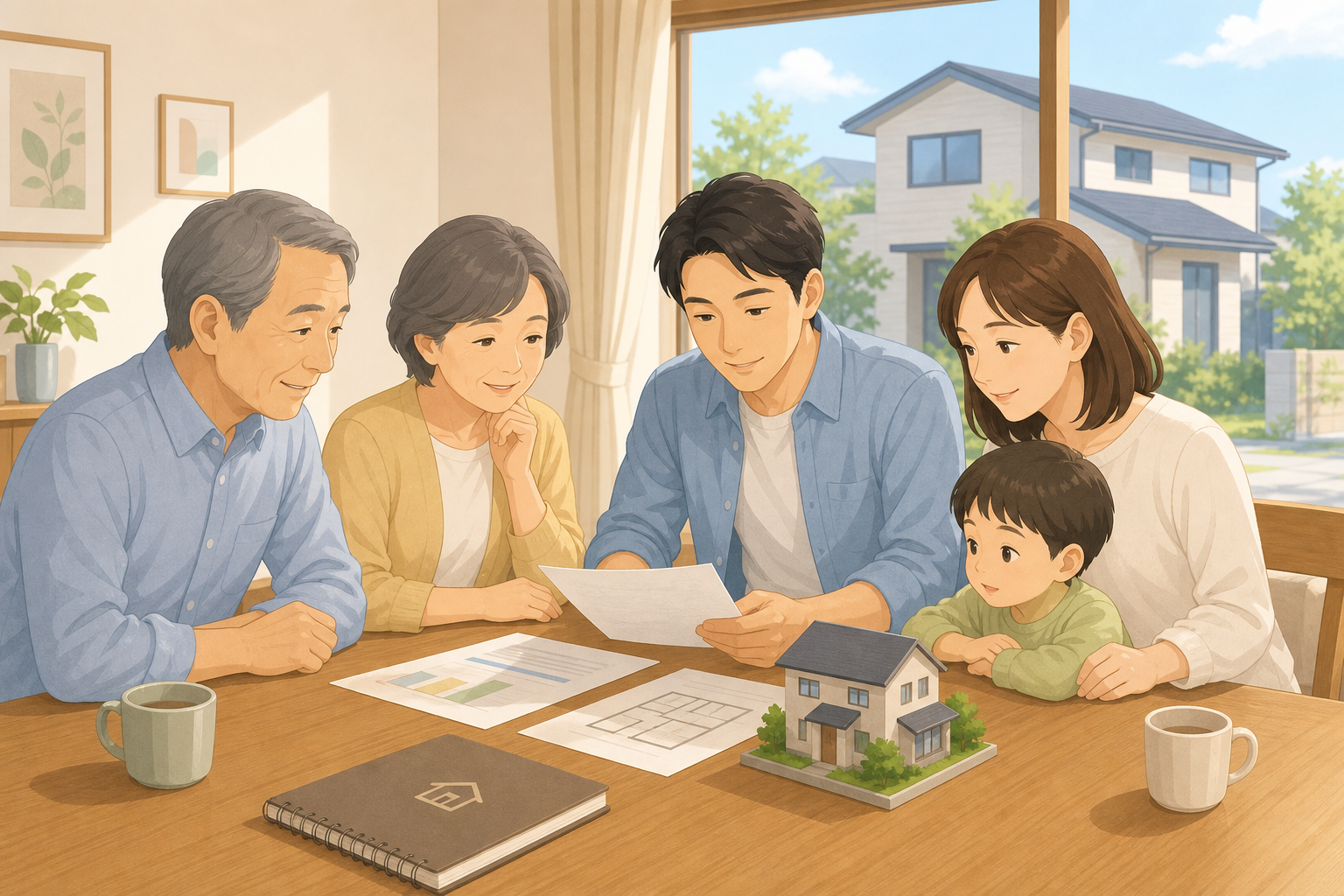 家づくり世代が家族で相続とお金を話し合う様子
