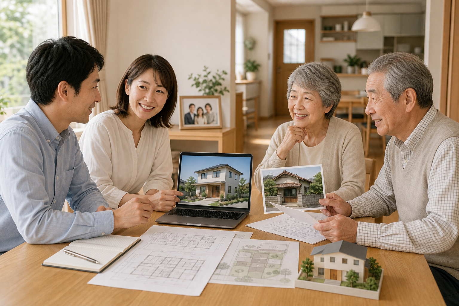 親の家の相続と自分たちの家づくりを話し合う家族のイメージ